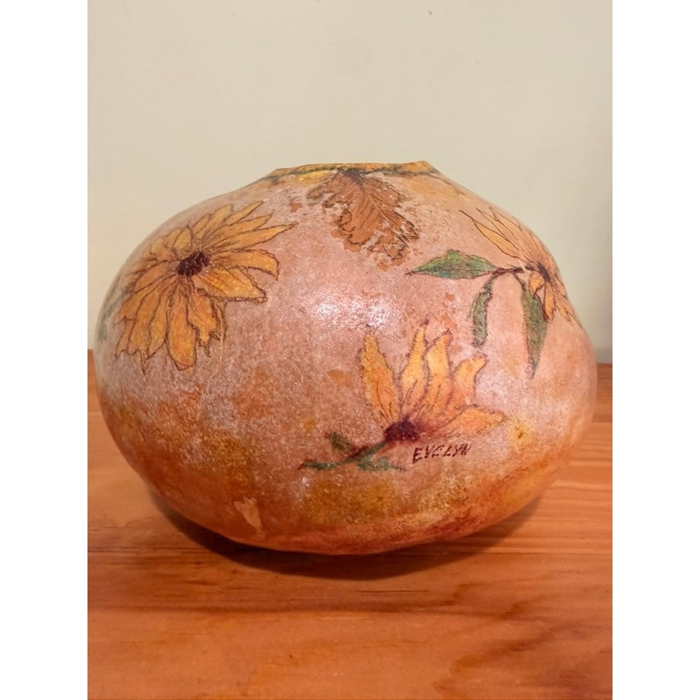 Handmade Floral Hand Painted Gourd OS Orange Good Rustic Folk Art Sunflowers